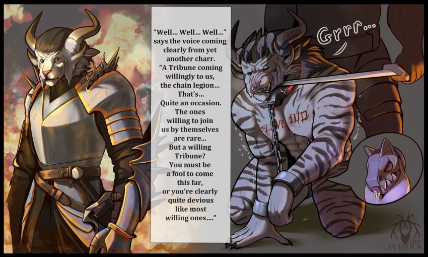 anthro bondage bound charr chastity_cage chastity_device collar cuff_(restraint) cuffs_to_collar domination domination_loss felid furiousart gay gay_male guild_wars hi_res horn humiliation male male/male mammal nipple_piercing nipples piercing restraints slave solo solo_focus submissive yaoi