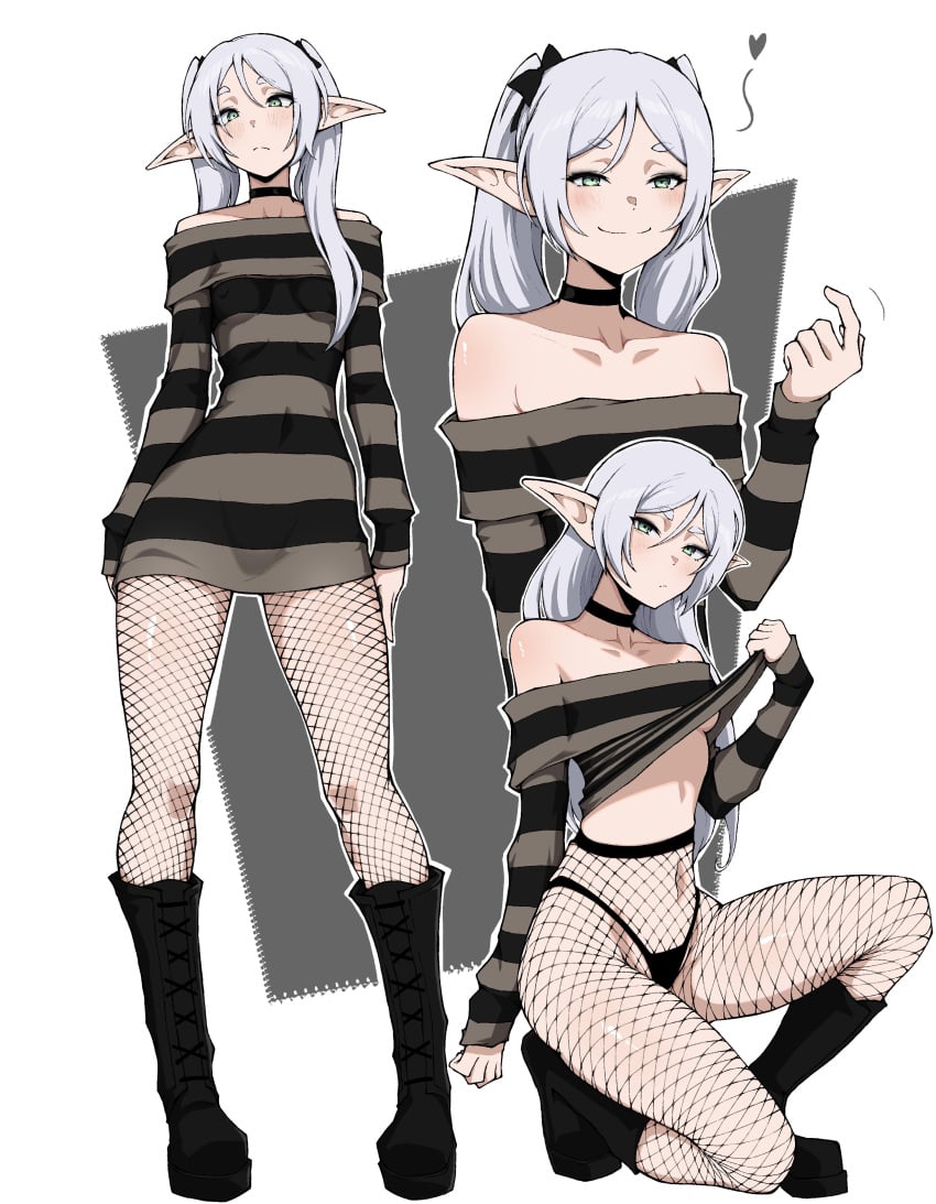 absurdres alternate_hairstyle boots breasts brown_sweater choker commentary dress earrings elf female fishnet_pantyhose fishnets frieren grey_hair highres jewelry kekel long_hair midriff off-shoulder_dress off_shoulder pantyhose pointy_ears simple_background small_breasts smile solo sousou_no_frieren sweater thong twintails white_background