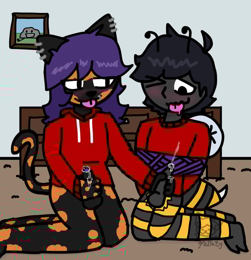 absurd_res anthro arms_tied arthropod bee blush bodily_fluids bondage bottomless bound burningfallacy clothed clothing cum delilah_(burningfallacy) domestic_cat dominant dominant_futa dominant_intersex duo ejaculation felid feline felis foreskin fur fur_markings futanari genital_fluids genitals hair hi_res hoodie hymenopteran insects intersex intersex/male male mammal markings max_(burningfallacy) mutual_masturbation penis piercing purple_hair restraints rope rope_bondage rope_harness selfcest square_crossover submissive submissive_male sweater tongue tongue_out topwear tortoiseshell_cat trans_(lore) trans_woman_(lore) uncircumcised