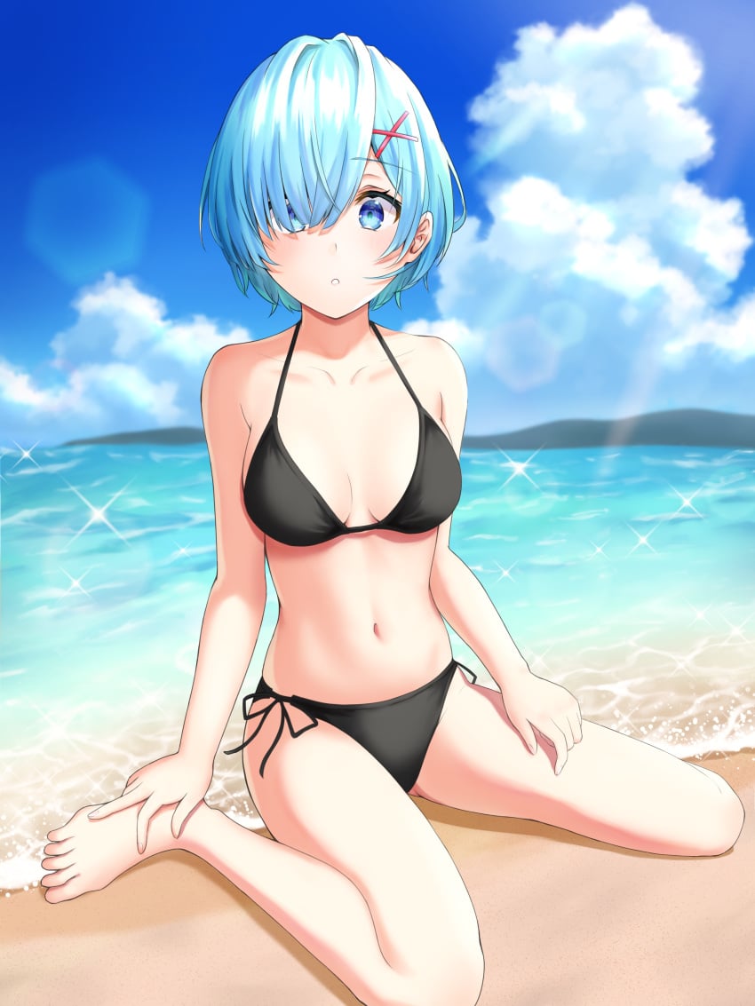 1girls ankles bare_arms bare_belly bare_calves bare_chest bare_hands bare_hips bare_knees bare_legs bare_midriff bare_navel bare_shoulders bare_skin bare_soles bare_thighs bare_toes barefoot beach belly belly_button bikini bikini_bottom bikini_only bikini_top black_bikini black_bikini_bottom black_bikini_top black_string_bikini black_swimsuit black_swimwear blue_eyebrows blue_eyes blue_eyes_female blue_hair blue_hair_female blue_sky breasts calves cleavage clouds coast collarbone day daylight daytime exposed_arms exposed_belly exposed_chest exposed_hips exposed_legs exposed_midriff exposed_navel exposed_shoulders exposed_skin exposed_thighs exposed_toes eyebrows_visible_through_hair feet female female_focus female_only fingers full_body groin hair_over_one_eye half_naked half_nude halterneck high_resolution highres horizon ka-gami-gawa ka-gami-gawa knees lean_figure legs looking_at_viewer medium_breasts medium_hair midriff naked naked_female naked_woman narrow_waist navel nude nude_female nudity ocean outdoor outdoor_nudity outdoors outside re:zero_kara_hajimeru_isekai_seikatsu rem_(re:zero) sand sea seaside semi_nude short_hair shoulders side-tie_bikini sitting sitting_on_floor sitting_on_ground sitting_on_knees sky slender_body slender_waist slim_waist solo string_bikini swimsuit swimwear thick_thighs thighs toes