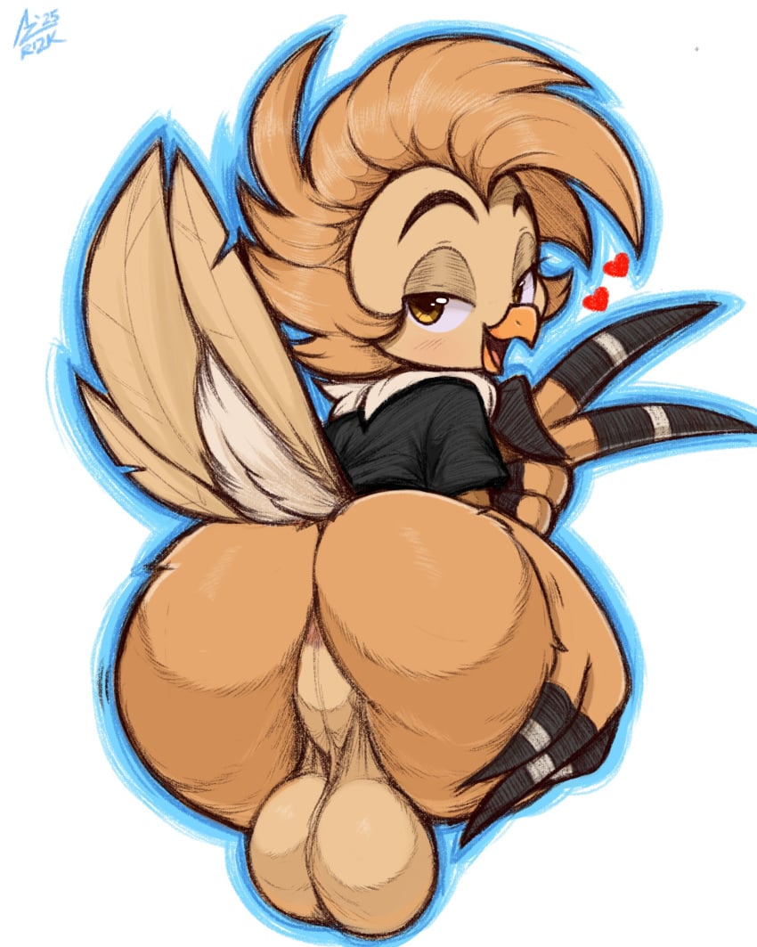 absurd_res aer0_zer0 anthro anus ass avian backsack balls barn_owl beak big_balls big_butt bird bottomless bottomless_anthro bottomless_male clothed clothing dan_the_barn_owl feather_hands feathers genitals heart_symbol hi_res male open_beak open_mouth owl perineum presenting presenting_hindquarters shirt solo tail tail_feathers tan_body tan_feathers topwear tyto tytonid yellow_eyes