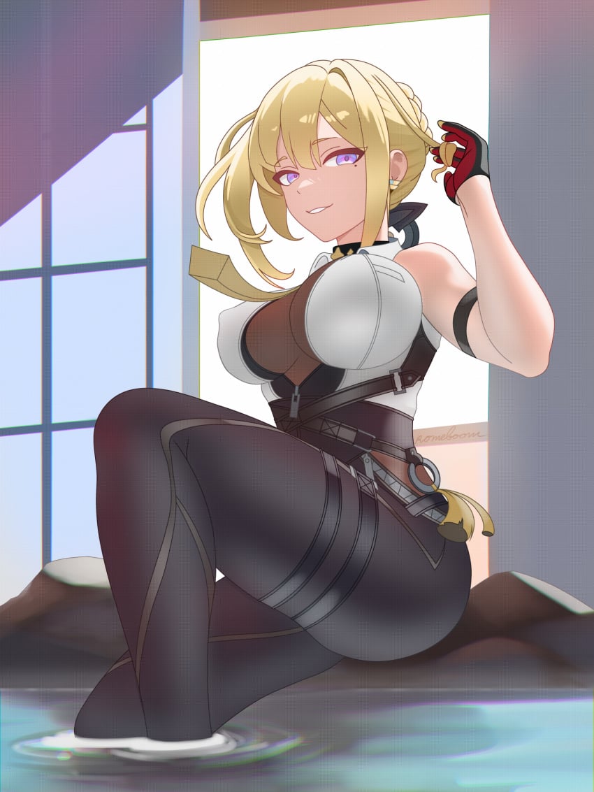 ai-assisted belt breasts collared_shirt evelyn_chevalier female gloves hair_bun high-waist_pants highres large_breasts looking_at_viewer mole mole_under_eye necktie pants pool romeboom self-upload shirt sleeveless sleeveless_shirt solo vector_art zenless_zone_zero zipper zipper_pull_tab