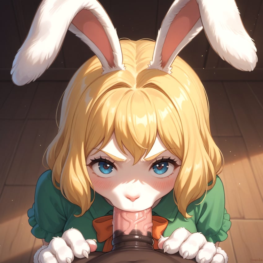 ai ai_generated anime_style anthropomorphic blonde_hair blowjob blue_eyes blush bunny_girl carrot carrot_(one_piece) close-up deep_blowjob deepthroat detailed_background erection fellatio female female furry green_dress indoors light_source long_ears oral_sex penis short_hair sucking sucking_penis white_fur wooden_floor