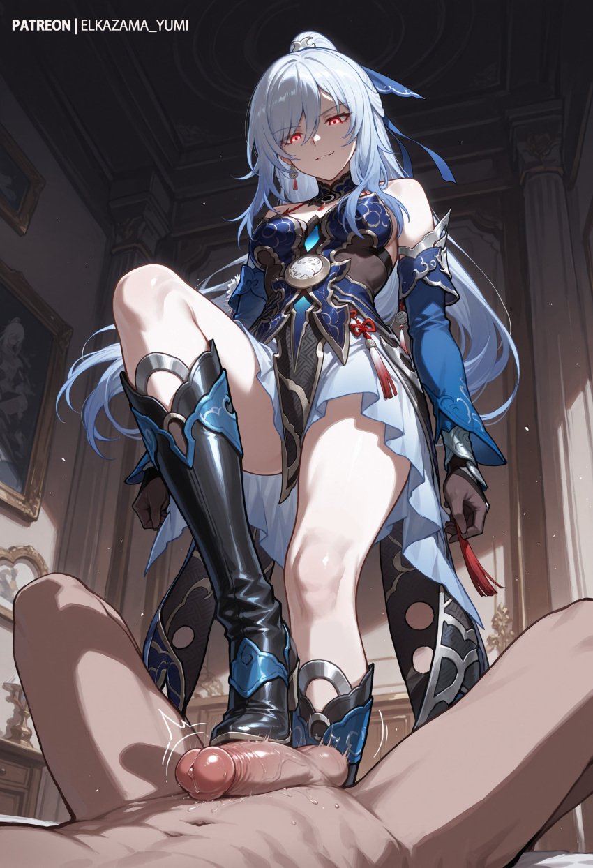 ai_generated blue_dress dress elkazama_yumi female femdom footjob honkai:_star_rail jingliu_(honkai:_star_rail) shoejob
