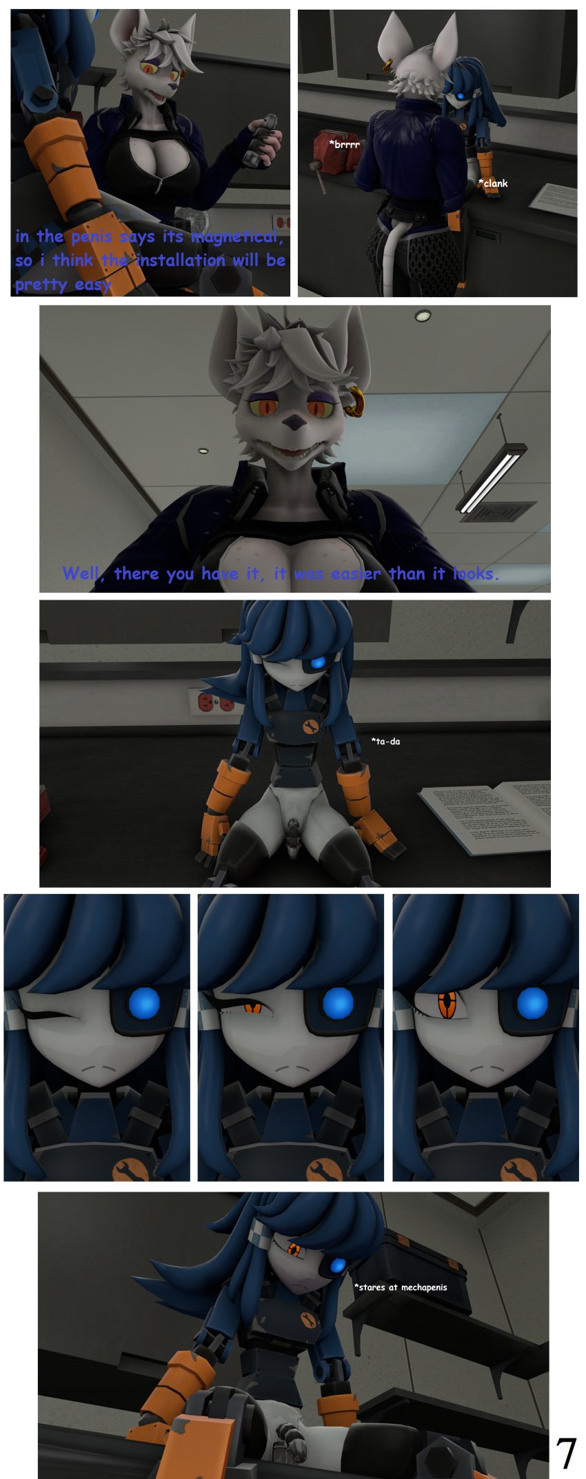 3d_(artwork) 5naptrap absurd_res android animal_humanoid ass big_breasts big_butt black_nails blue_eyes blue_hair book breasts clothing colored_nails comic comic_sans digital_media_(artwork) duo ear_piercing female flaccid freckles garage genitals gloves hair handwear hi_res holding_penis humanoid intersex intersex/female long_ears long_hair looking_at_another looking_at_genitalia machine mammal mammal_humanoid metallic_body metallic_penis mimi_sentry murid murine nails officer_flint_(foresttherotten) officer_uniform one_eye_closed orange_clothing orange_gloves orange_hands orange_handwear penis piercing pink_fingers rat robot robot_humanoid rodent rodent_humanoid sitting_on_desk sleeping source_filmmaker_(artwork) talking_to_another team_fortress_2 text thick_thighs uniform valve waking_up warfare_flint white_hair white_head wide_hips yellow_eyes