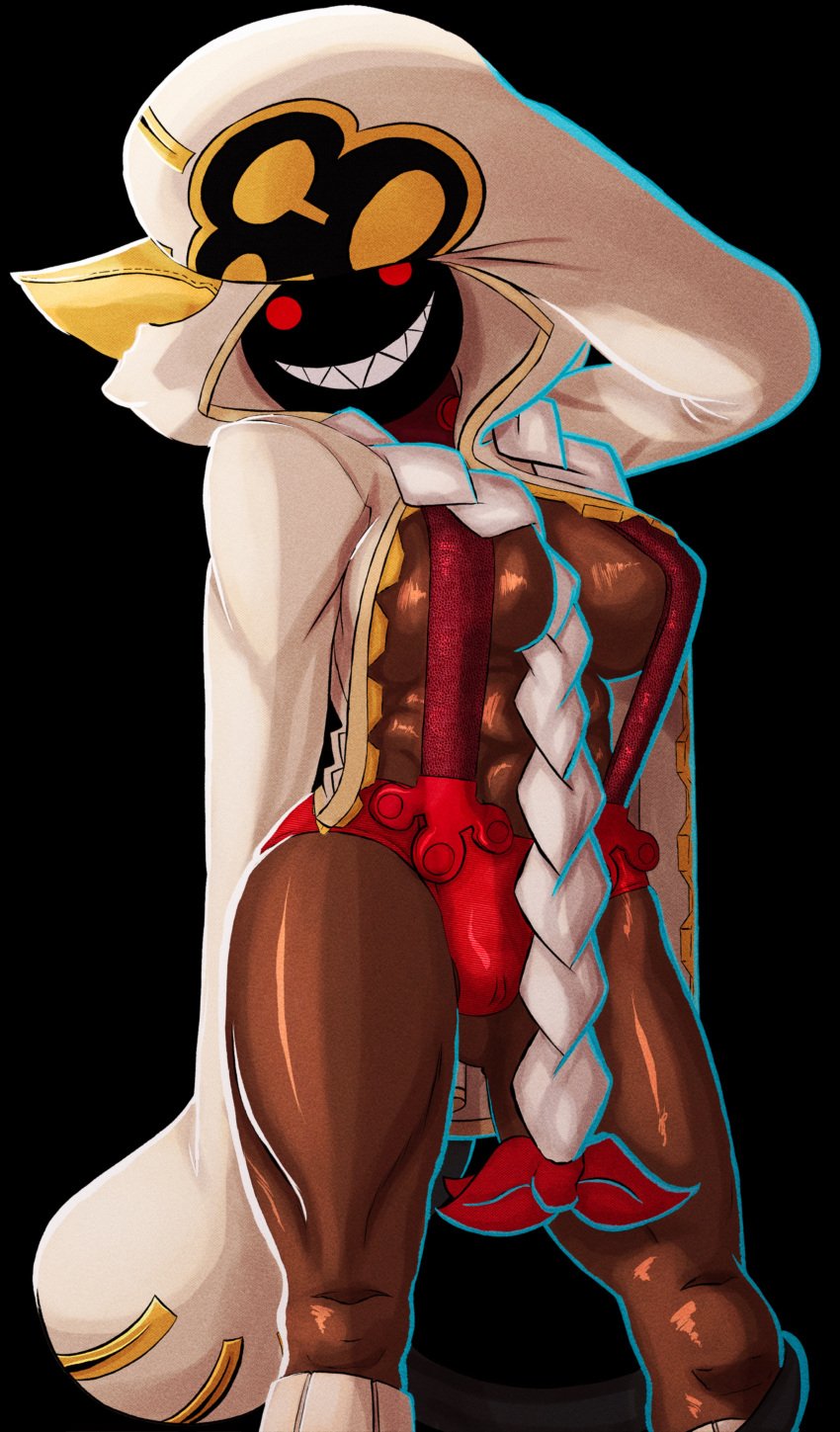 1girls abs alternate_body_type blazblue breasts byebyestardust cat_ears cat_tail covered_nipples dark-skinned_female dark_skin female female_abs female_only hips hood hoodie huge_hips huge_thighs inner_thighs large_breasts muscular muscular_female no_shirt skimpy_clothes suspenders taokaka thick_thighs thighs