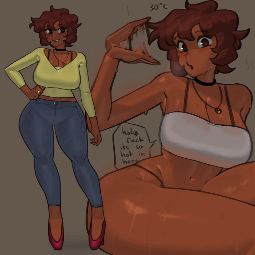 big_breasts breasts brown_hair dark-skinned_female dark_skin oc original original_character pixie_cut rayschera red_eyes sandy_(rayschera) short_hair tanned tanned_female tanned_skin thicc voluptuous voluptuous_female