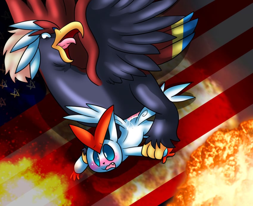 2016 alternate_color ambiguous_gender ambiguous_penetration american_flag ass avian beak black_eyes black_feathers blue_feathers blue_sclera blush braviary cum cum_on_ass cum_on_penis explosion feathered_wings feathers feral fire flag interspecies larger_male legendary_pokemon lying male multicolored_feathers nintendo nude on_front open_mouth penetration penis pokémon_(species) pokemon red_feathers restrained shiny_pokemon size_difference spread_wings star tongue victini white_eyes white_feathers wings yellow_feathers yoshimister_(artist)