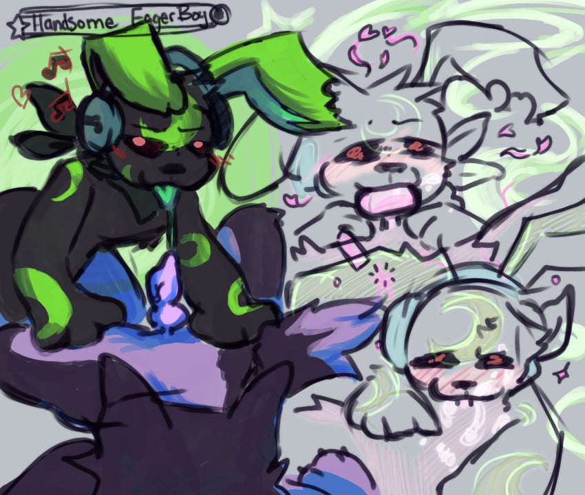 angelpsyche animal_jam anthro blush bodily_fluids canid canine canis cum cum_in_mouth cum_inside dizzy drugged duo electronics feral genital_fluids genitals green_markings headphones hi_res kerchief knot lagomorph leporid male male/male mammal markings micropenis oral penis rabbit red_eyes size_difference small_dom_big_sub small_penis substance_intoxication wildworks wolf
