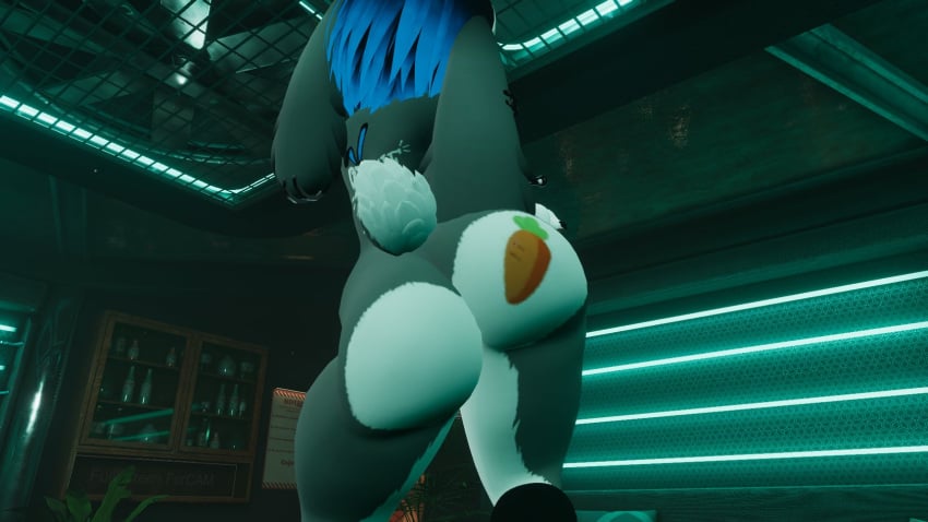 1girls anthro big_breasts big_butt blue_eyes breasts butt_focus butt_tattoo ear_piercing female fully_nude furry furry_female presenting_pussy pussy rabbit_girl snakebite_piercing solo_female vrchat vrchat_avatar vrchat_model