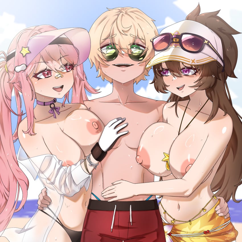 1:1 1boy 2girls beach_background big_breasts blonde_hair breasts brown_hair female glasses glasses_on_head green_eyes guardian_tales half_naked hand_on_hip hat hi_res male ornament pink_eyes pink_hair purple_eyes randi_(guardian_tales) rie_(guardian_tales) selehyme_(artist) self_upload short_hair sunglasses sunglasses_on_head swimsuit topless trio twintails visor