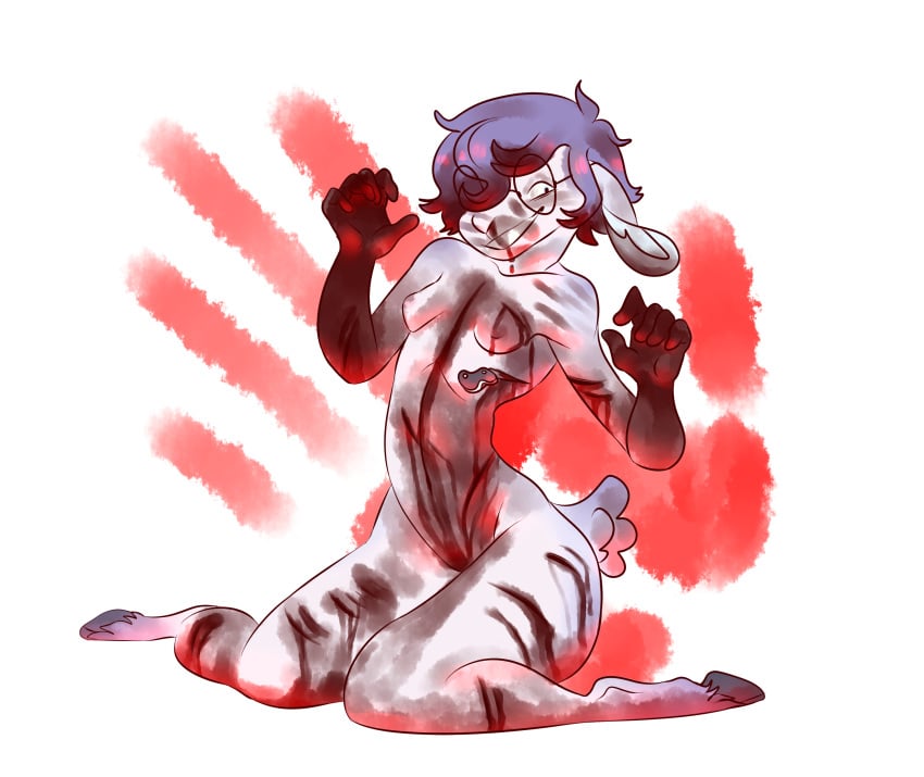 2018 anthro blood breasts caprine digital_media_(artwork) eyewear female fur glasses gore hair handprint hi_res higgington higgington insane knife mammal nipples nude sheep simple_background smile solo stab weapon white_background