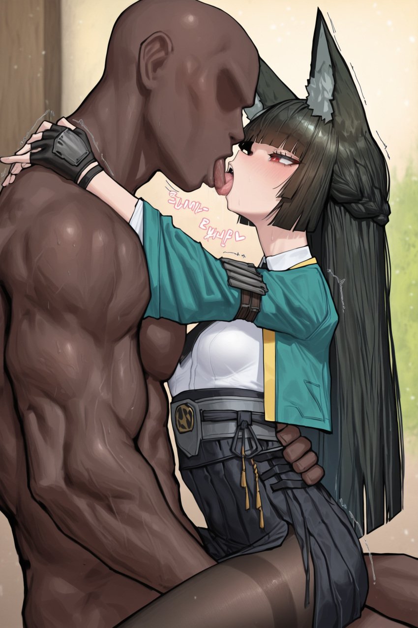 1boy 1boy1girl 1girl1boy 1girls ai_generated animal_ears black_hair black_skirt blunt_bangs blush clothed_female_nude_male collared_shirt dark-skinned_male faceless_male fingerless_gloves fox_ears french_kiss from_side hakama_skirt half_up_braid heart hime_cut hoshimi_miyabi hoyoverse hug inner_ear_fluff interracial jacket kissing kissing long_ears long_hair looking_at_another mihoyo muscular_male narrowed_eyes necktie pafu_(pafuunchained) pantyhose red_eyes saliva side_slit sitting_on_lap size_difference sweat tongue tongue_out trembling upright_straddle waist_grab white_shirt zenless_zone_zero
