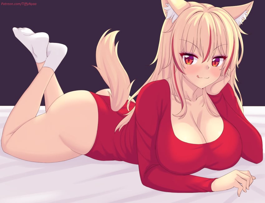 :3 :p animal_ear_fluff animal_ears bed_sheet black_background blonde_hair blush breasts cat_ears cleavage collarbone feet_up female hair_between_eyes large_breasts leotard long_hair looking_at_viewer lying multicolored_hair nottytiffy on_stomach original red_eyes red_leotard sidelocks simple_background socks solo streaked_hair tail the_pose thighs tongue tongue_out two-tone_hair v-shaped_eyebrows white_socks