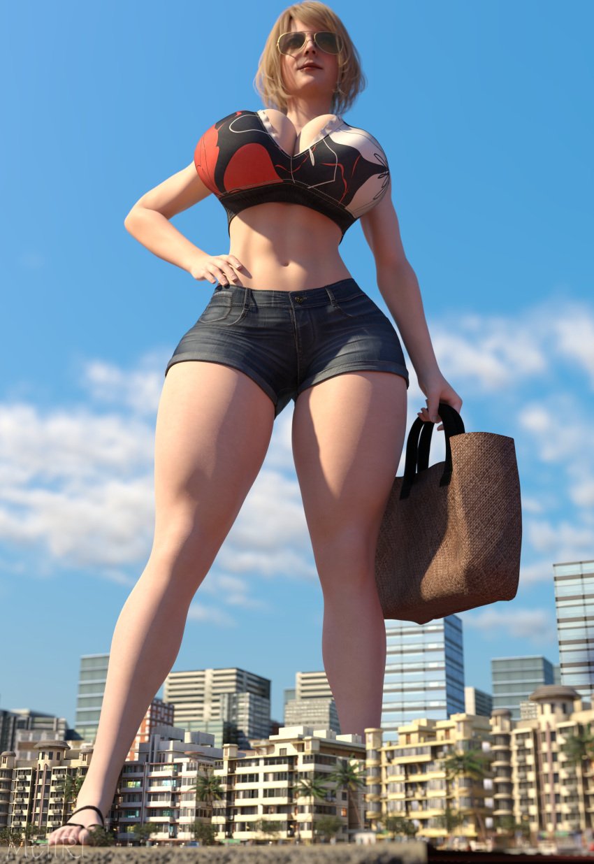 1girls ashley_graham ashley_graham_(ella_freya) beach_clothes big_breasts big_breasts breasts breasts capcom city clothed clothed_female female female_focus female_only giant_female giant_woman giantess large_boobs large_breasts light-skinned_female light_skin meiirii resident_evil resident_evil_4 shorts solo solo_female solo_focus standing summer thick_thighs thighs tummy vacation