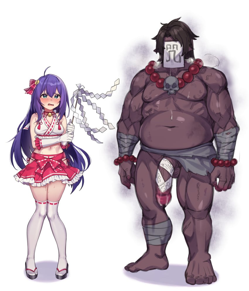 1boy absurdres ahe_gao ahoge barefoot bead_bracelet bead_necklace beads blush bracelet brown_hair censored covered_face d: fat fat_man female frills full_body highres idolmaster idolmaster_million_live! japanese_clothes jewelry long_hair midriff miko miniskirt mochizuki_anna mosaic_censoring muscular muscular_male navel necklace penis pointy_ears purple_hair red_skirt shennai_misha skirt standing thighhighs white_thighhighs zettai_ryouiki