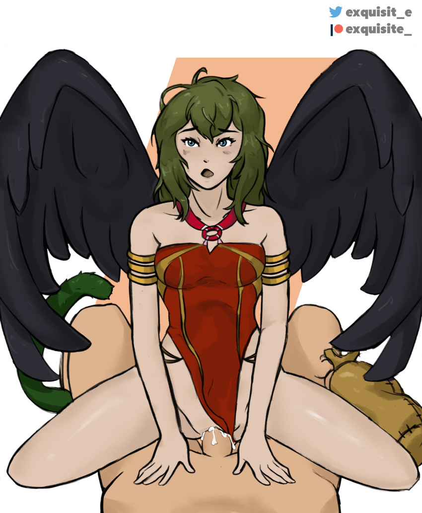 armband bird_girl blue_eyes blush breasts clothed clothed_sex cowgirl_position cum_in_pussy cum_inside exquisite_ female_focus female_on_top fire_emblem fire_emblem:_path_of_radiance fire_emblem:_radiant_dawn furry gasp gasping green_hair laguz_(race) messy_hair muarim_(fire_emblem) nintendo open_mouth shy straight the_grovekeeper vaginal_penetration vika_(fire_emblem) winged_humanoid wings