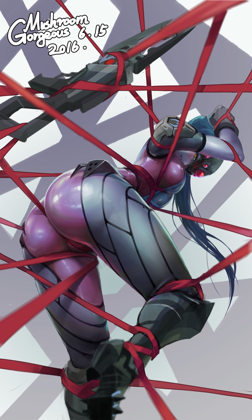 ass blue_skin blush bodysuit bondage dat_ass gorgeous_mushroom helpless overwatch restrained tagme widowmaker