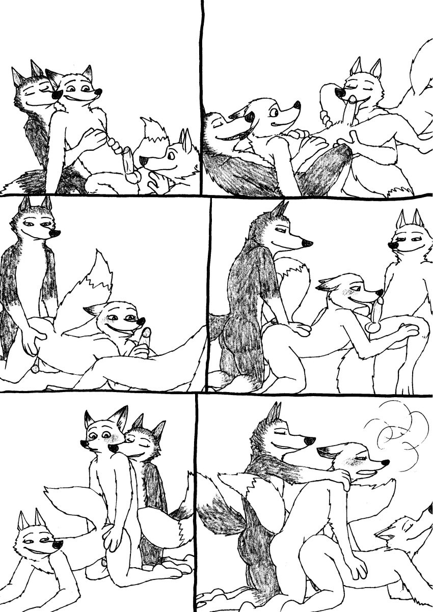 3boys anthro balls bernielover black_and_white blush canine comic disney erection fangmeyer fox gay group group_sex handjob male male_only mammal nick_wilde nude officer_wolfard oral penetration penis sex simple_background smile threesome tongue wolf yaoi zootopia