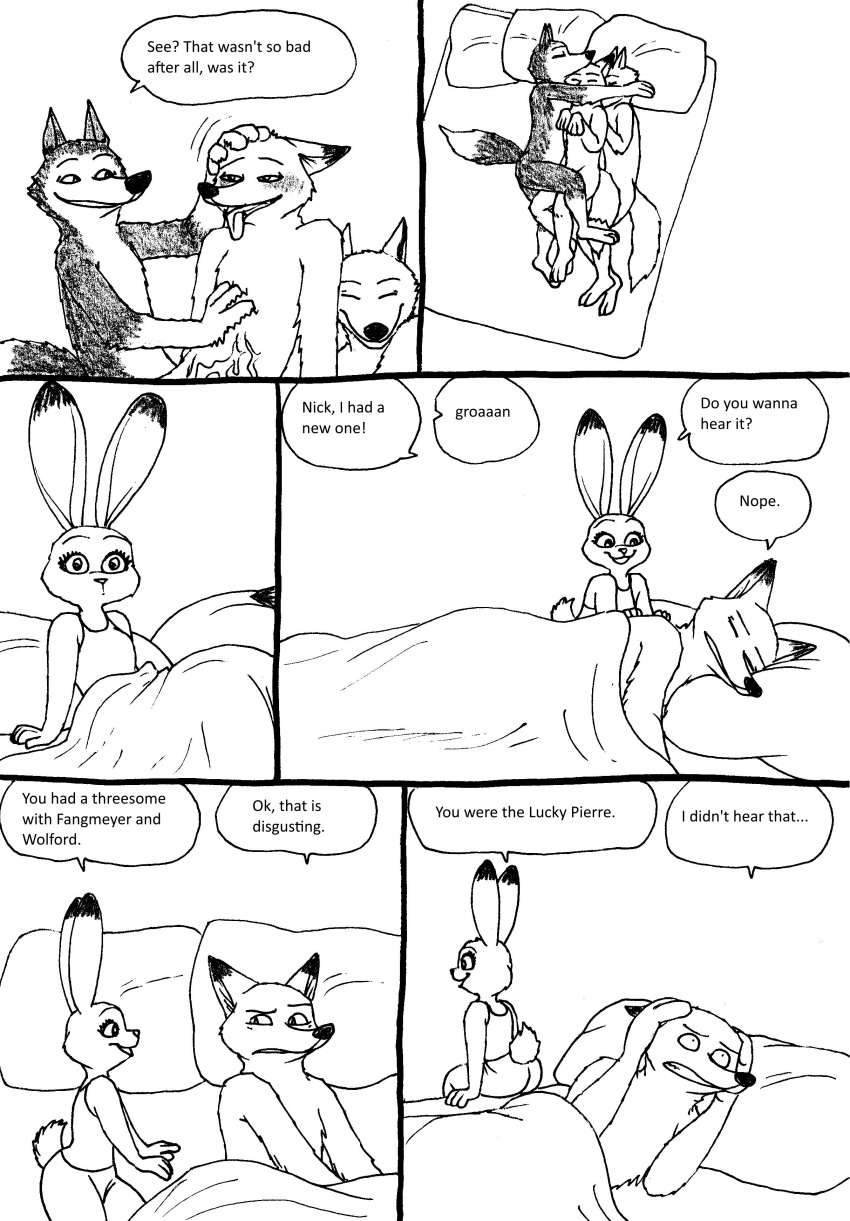 after_sex anthro bernielover black_and_white blush canine clothing comic cum disney english_text fangmeyer female fox fur group group_sex judy_hopps lagomorph male mammal nick_wilde nude officer_wolfard rabbit sex simple_background smile speech_bubble text threesome tongue white_background wolf yaoi zootopia