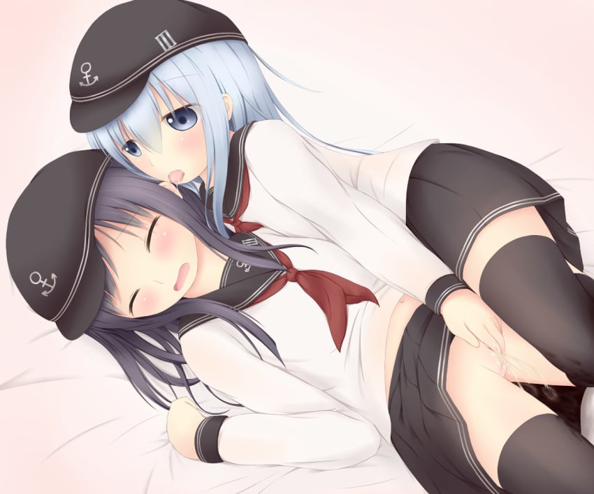 2girls akatsuki_(kantai_collection) artist_request black_hair black_legwear fingering hibiki_(kantai_collection) kantai_collection multiple_girls no_panties pee_stain peeing tagme wet_legwear white_hair yuri