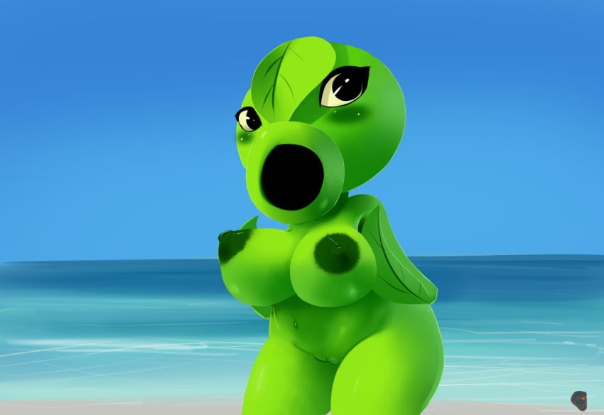 beach big_breasts blush breasts dendrophilia eyelashes female flora_fauna green_shadow_(pvz) humanoid mrdoccon nude peashooter_(pvz) plant plant_girl plant_humanoid plantie plants_vs_zombies plants_vs_zombies:_heroes pussy pvz pvz_heroes seaside shortstack wide_hips