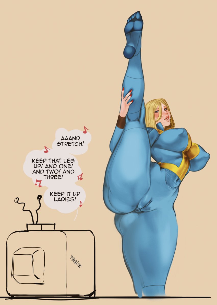 1girls anus_outline big_ass blonde_hair breasts cameltoe clothing electronics english_text erect_nipples erect_nipples_under_clothes fallout female female_only highres holding_leg human jumpsuit leg_up meme pale_skin pussy_floss solo solo_female splits standing_on_one_leg television text_bubble thekite thick_thighs tight_clothing tv uniform vault_girl vault_suit vertical_splits wide_hips