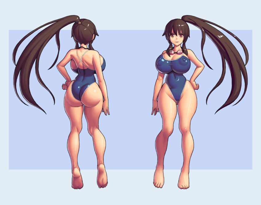 1girls ass big_ass big_breasts breasts brown_eyes brown_hair female goggles hourglass_figure human kruth666 kyon kyonko one-piece_swimsuit rule_63 smile solo suzumiya_haruhi_no_yuuutsu swimsuit