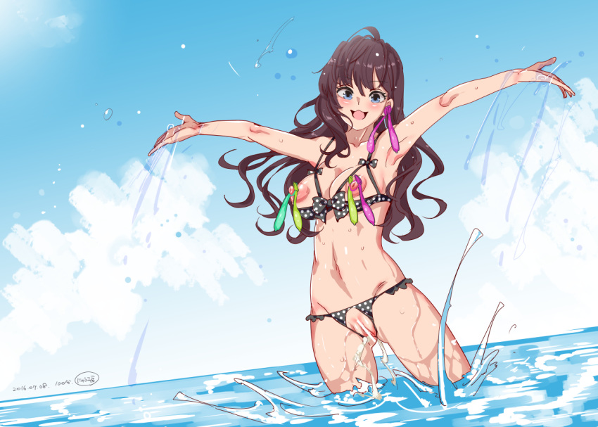 :3 :d armpits bangs bar_censor bare_shoulders bikini black_bikini blue_eyes blue_sky blush bow breasts brown_hair censored cleavage cloud condom crotchless_bikini crotchless_panties cum eyebrows eyebrows_visible_through_hair female hair_between_eyes hips ichinose_shiki idolmaster in_water long_hair looking_at_viewer navel nipples nyuu_(manekin-eko) ocean open_bikini open_clothes open_mouth outdoors outstretched_arms polka_dot polka_dot_bikini polka_dot_swimsuit pussy ribbon shiny shiny_skin sky smile solo splashing spread_arms stomach swimsuit thighs used_condom water watermark wet