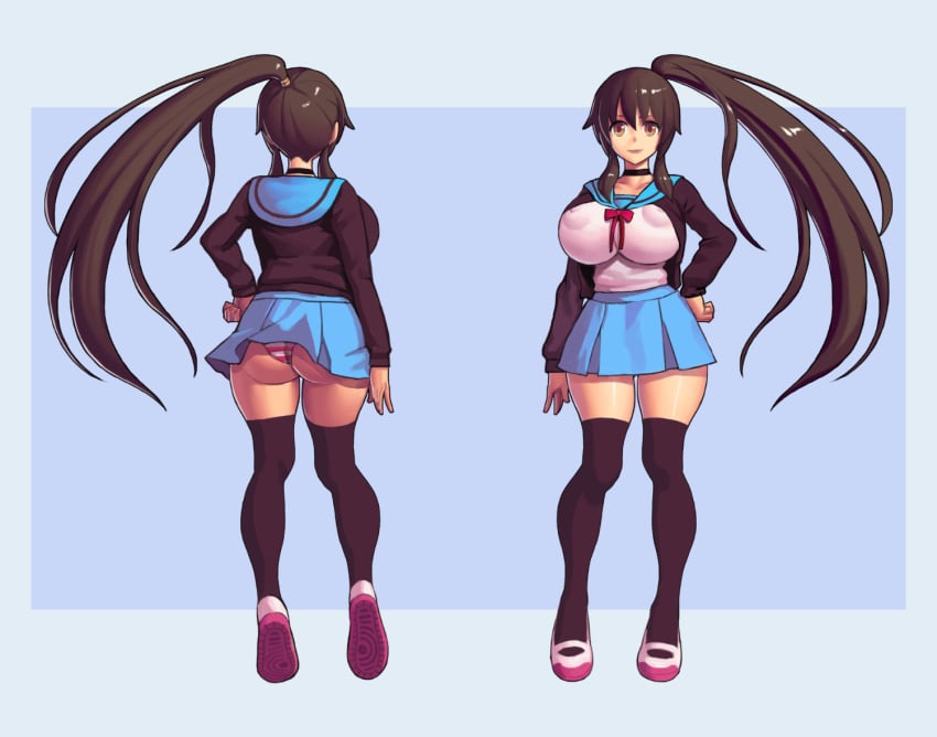 ass big_ass big_breasts black_socks breasts brown_eyes brown_hair female hourglass_figure human kruth666 kyon kyonko panties rule_63 school_uniform smile socks solo suzumiya_haruhi_no_yuuutsu thigh_socks thighhighs uwabaki