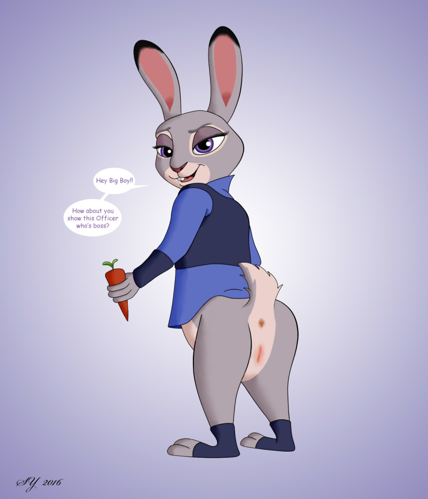 2016 anthro anus ass buckteeth clothing cute disney female gradient_background judy_hopps lagomorph long_ears looking_at_viewer mammal open_mouth police police_officer pose presenting purple_eyes pussy rabbit simple_background skateryena teeth zootopia