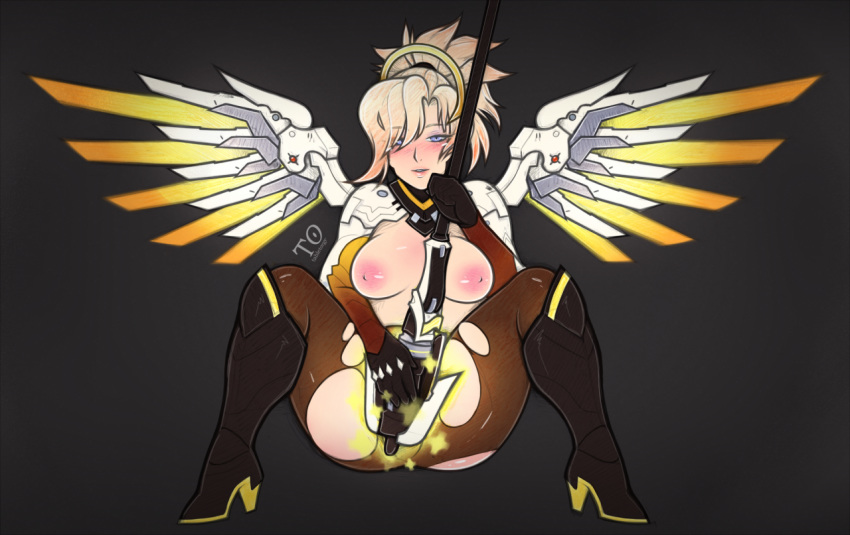 antiheld areolae black_gloves blonde_hair blue_eyes blush boots breasts breasts_out brown_legwear clothed_masturbation clothing crotch_rub female full_body gloves high_ponytail knee_boots large_areolae long_hair masturbation mechanical_halo mechanical_wings mercy nipples overwatch pantyhose sitting solo spread_legs staff tabletorgy torn_clothes torn_pantyhose wings