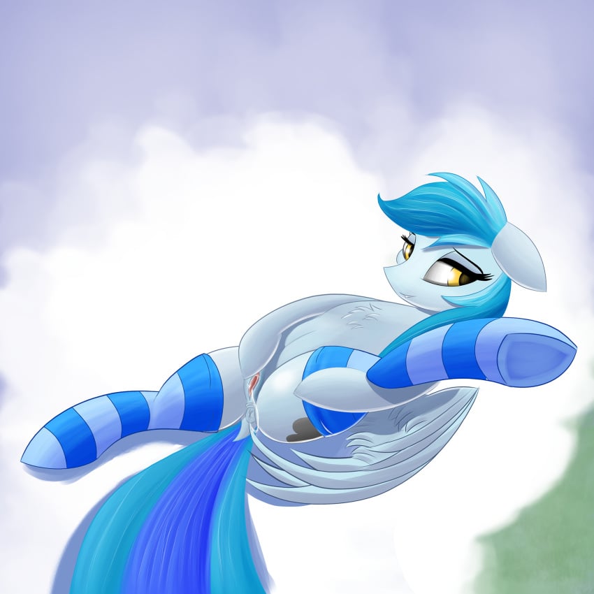 anus blue_hair clothing equine fan_character female hair legwear mammal masturbation my_little_pony pegasus pussy pussy_juice smile solo stockings stormy_skies_(mlp) twiren wings