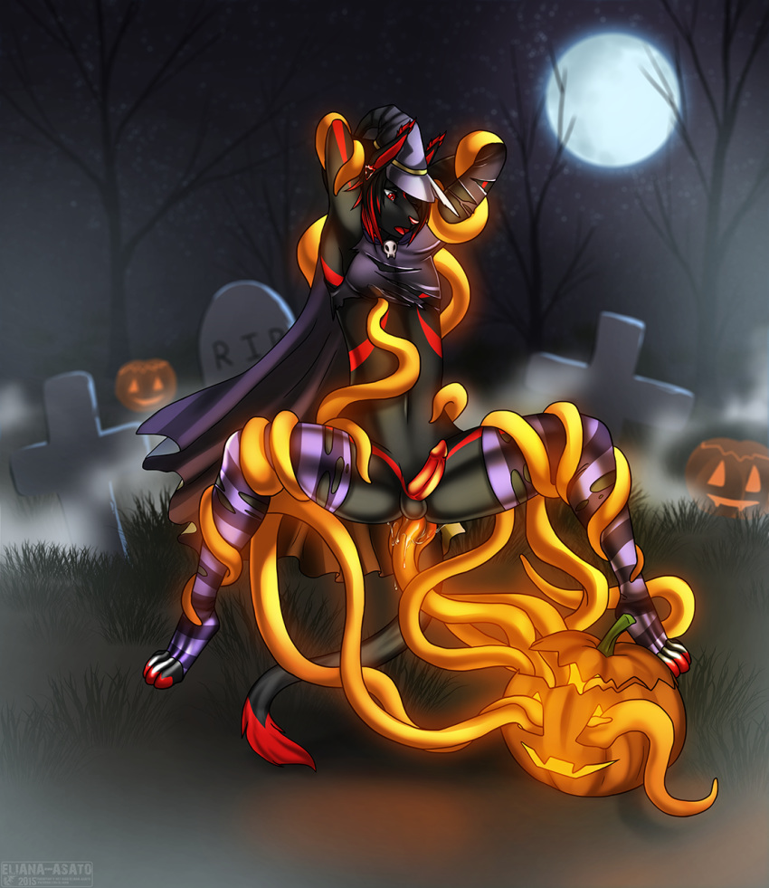 2015 black_fur black_hair cemetery clothing eliana-asato feline food fruit fur furry_only hair halloween hat headgear holidays legwear magic_user male mammal moon night orange_tentacles pumpkin red_eyes red_hair stockings tentacle witch yaoi