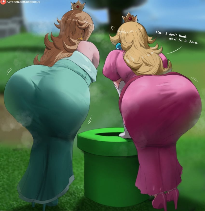 2026 2d 2d_(artwork) aqua_dress ass ass_focus ass_in_dress back_view bare_shoulders bending_forward bending_over bent_over big_ass big_butt black_eyes blonde_hair blue_background blue_dress blue_eyes bookshelf bottom_heavy bottom_heavy_female breasts bubble_ass bubble_butt butt_focus checkered_background clothed clothing clothing_pull crown curvy dat_ass dat_butt dialog dress earrings elbow_gloves english_text female female_only from_behind full_body fully_clothed gloves hair_over_one_eye hands_together heels hi_res high_heels high_resolution highres huge_ass indoors jewelry large_ass large_butt light-skinned_female light_skin lips lipstick long_dress long_hair mario_(series) meme nail_polish nintendo oroborusart pantylines pink_dress platinum_blonde_hair posing presenting presenting_hindquarters princess princess_peach princess_rosalina purple_nails rear_view simple_background sisters speech_bubble standing super_mario_bros super_mario_galaxy text text_bubble thick thick_ass thick_butt thick_hips thick_thighs thighs tight_clothing tight_dress twitter video_games white_gloves wide_hips