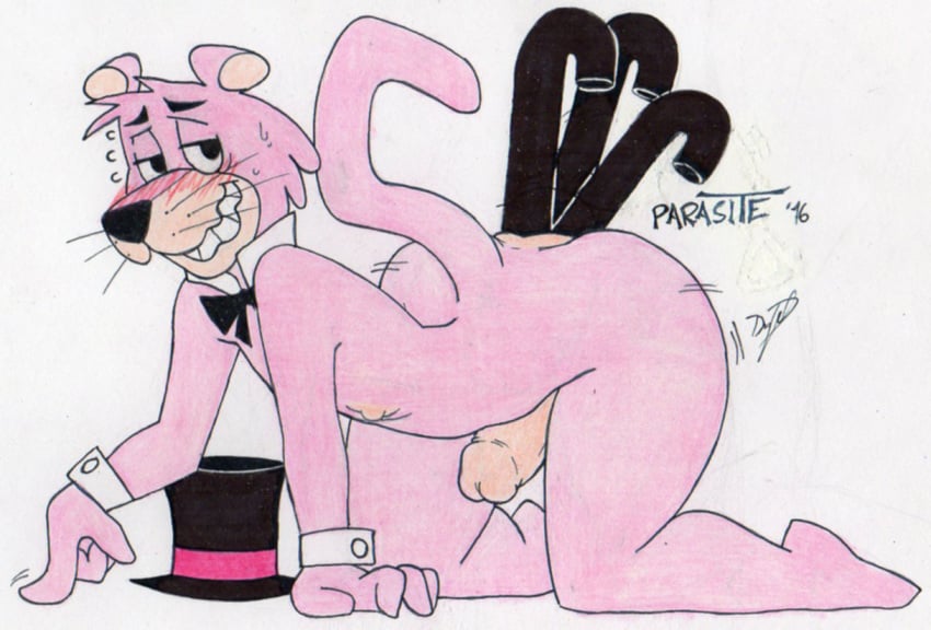 all_fours big_ass blush feline fur girly male mammal multiple_insertions parasitedeath penis pink_fur snagglepuss solo_male top_hat traditional_media_(artwork) wrist_cuffs