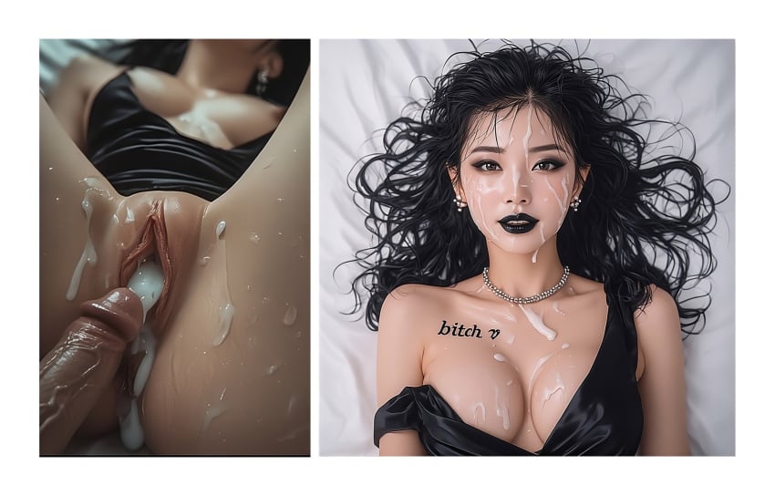 ai_generated ai_assisted female_only female_focus goth_girl goth_makeup pale_skin pale_skinned_female black_hair black_lipstick black_dress black_makeup black_eyebrows eyeliner 2koma pussy pussy_peek pussy_lips cum_inside cum_in_pussy cum_in_vagina cum_in_hair cum_on_breasts cum_on_face cum_on_upper_body pussy_leaking cum_leaking_out_of_pussy cum_leaking on_bed dress_lift dress_aside bitch tattoo tattoo_on_chest degrading_tattoo pleasure_face disheveled disheveled_hair disheveled_clothing earrings necklace looking_at_viewer looking_pleasured pregnancy_risk dick after_penetration penetration_close-up used fucked