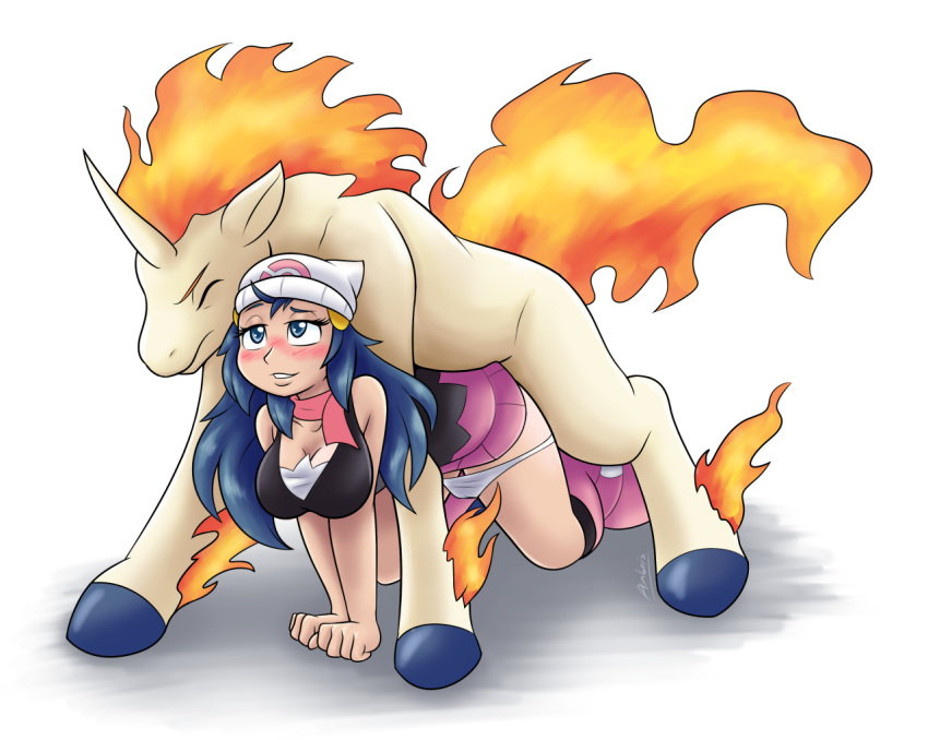 1boy all_fours ambris anus balls blue_eyes blue_hair blush boots breasts dawn_(pokemon) equine female horse horsecock male male_rapidash nipples penis pokémon_(species) pokemon pokephilia rapidash sex straight vaginal_penetration zoophilia