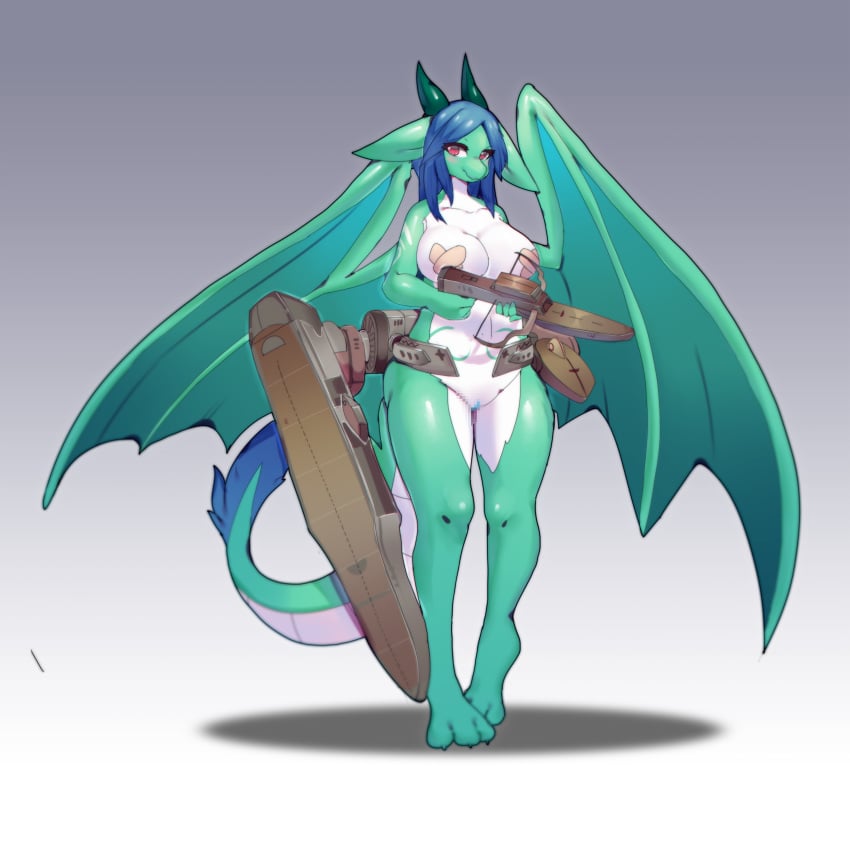 2018 anthro blue_hair blush breasts censored costom10 crossbow dragon female gradient_background green_body hair horn looking_at_viewer membranous_wings nude pussy ranged_weapon red_eyes simple_background solo standing weapon white_body wings