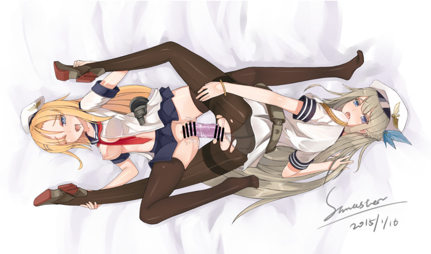 2girls aiguillette ass belt between_breasts black_legwear blonde_hair blue_eyes blush braid breasts censored clothes_between_breasts dakimakura dated dildo double_dildo full_body hair hat headgear incest lexington_(warship_girls_r) long_hair lying military military_uniform multiple_girls nipples object_insertion on_back on_stomach one_eye_closed open_clothes open_mouth open_shirt panties panties_aside panties_under_pantyhose pantyhose peaked_cap pussy pussy_juice sailor_collar saliva saratoga_(warship_girls_r) school_uniform serafuku shirt siblings signature sisters stmaster thighhighs tied_hair torn_clothes torn_pantyhose underwear uniform vaginal_object_insertion vaginal_penetration very_long_hair warship_girls_r white_panties wince yuri