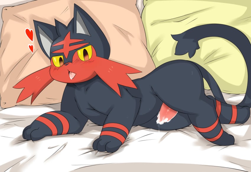 1boy animal_genitalia bed cum cum_on_penis erection feline feral furry heart litten looking_at_viewer male mammal nekonade nintendo on_bed open_mouth penis pokemon pokemon_sm presenting solo tapering_penis tongue video_games