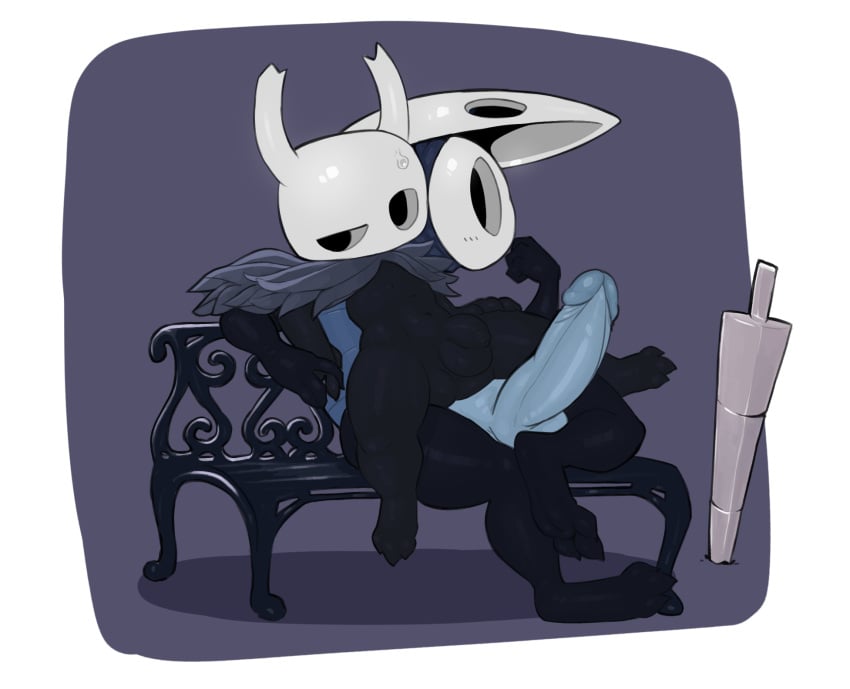 2021 anthro balls bench big_penis black_body black_penis blue_penis duo erection fecharis femboy genitals hi_res hollow_knight humanoid_genitalia humanoid_penis k1ko male male/male nail_(weapon) on_lap penis protagonist_(hollow_knight) quirrel sitting sitting_on_lap team_cherry vessel_(species) video_games