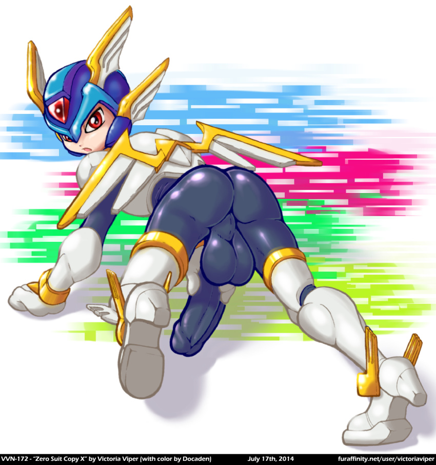 abstract_background arm_support armor ass backsack balls bent_over bodysuit capcom clothing copy_x docaden erect girly helmet high_heel_boots high_heels huge_balls huge_cock long_penis looking_at_viewer looking_back male male_only masturbation mega_man mega_man_zero penile_masturbation penis red_eyes reploid rubber skintight taint tight_clothing victoria_viper video_games wings