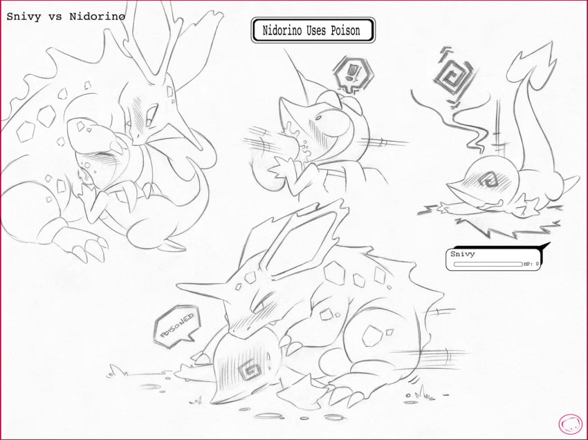 1boy 1girls comic english_text fellatio female gameplay_mechanics harumi health_bar hud male monochrome nidorino nintendo oral penis pokemon pokemon_(species) pokemon_battle pussy sex snivy straight text text_box video_games