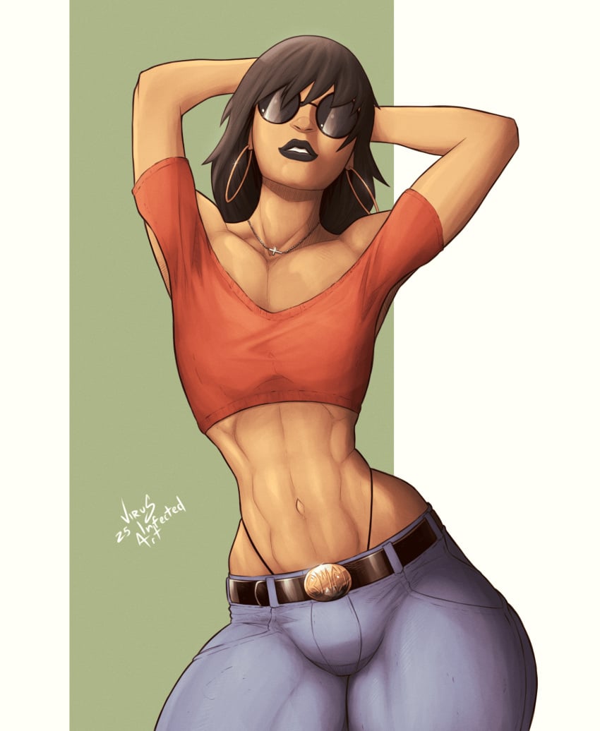 2025 2d abs arms_up black_hair crop_top earrings femboy g-string g-string_exposed jeans lipstick long_hair makeup male male_only mex_boy navel necklace sunglasses tagme virus_infected_art wide_hips