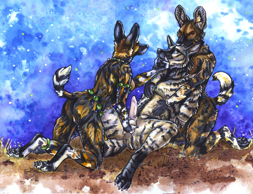 african_wild_dog anthro balls bondage bound breasts canine domination female femdom fondling hyena male mammal paws penis pussy redcoatcat straight striped_hyena traditional_media_(artwork)