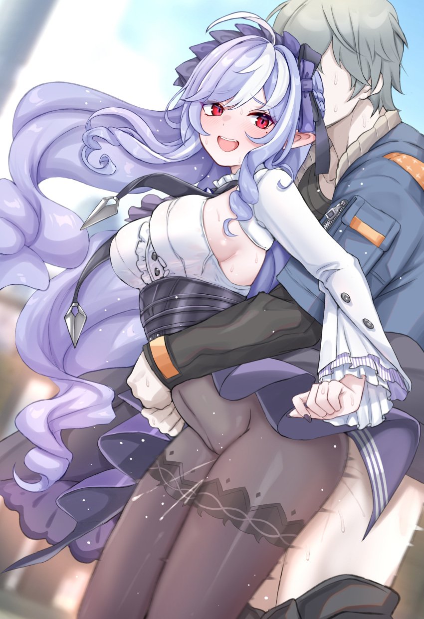1boy absurdres ahoge black_pantyhose black_shirt blue_jacket blue_sky blush bow breasts center_frills clothed_sex commentary couple daram_(shappydude) day denim denim_jacket dress female frills grey_hair hairbow high-waist_skirt highres hug hug_from_behind jacket large_breasts large_variant_set long_sleeves looking_at_viewer male mole mole_under_eye multicolored_hair open_mouth outdoors pantyhose patterned_legwear pointy_ears purple_bow purple_eyes purple_hair purple_skirt red_eyes revision sex sex_from_behind shirt short_hair showgirl_skirt sideboob skirt sky smile straight streaked_hair teeth two-tone_hair underbust upper_teeth_only variant_set vivian_(zenless_zone_zero) white_hair white_shirt wise_(zenless_zone_zero) zenless_zone_zero
