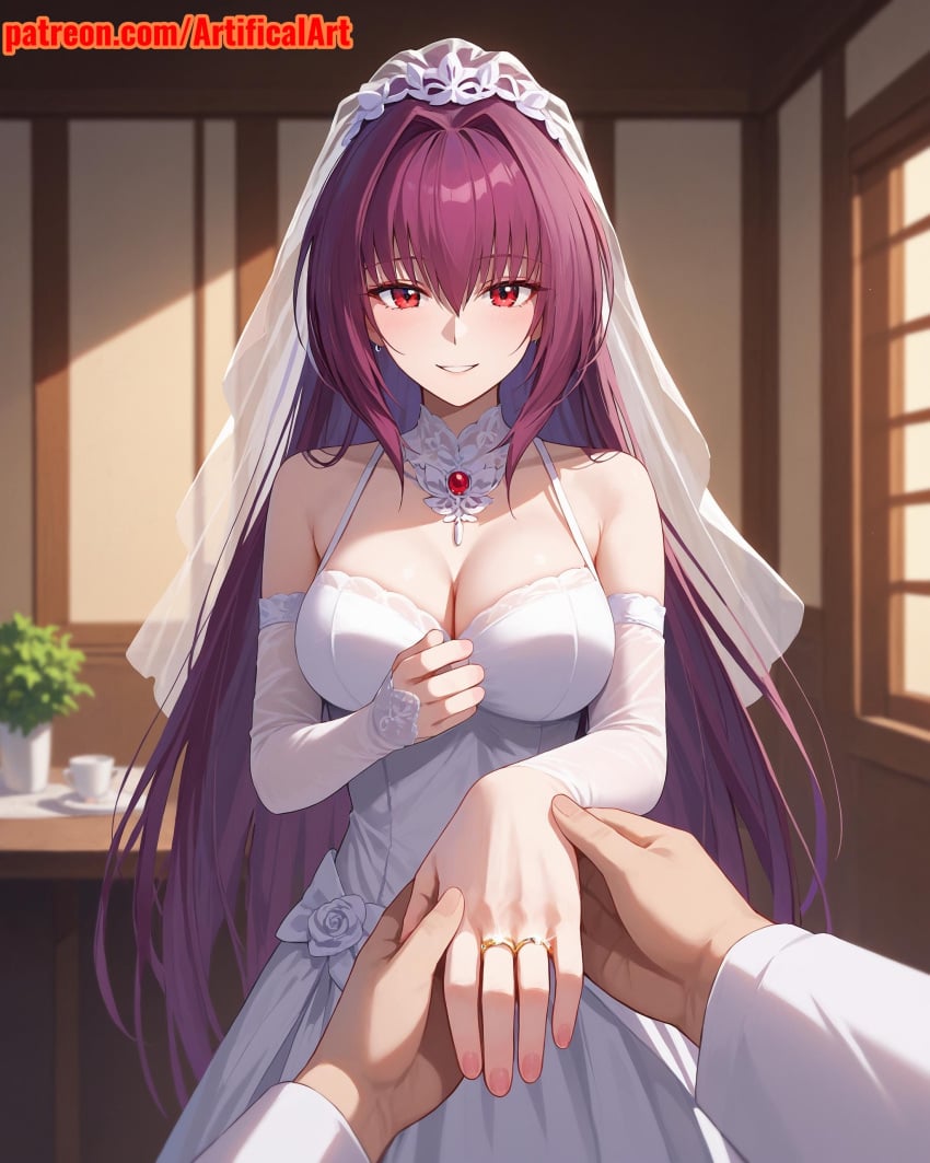 1girls ai_generated artifical_art bride fate/grand_order fate/stay_night fate_(series) long_hair perfect_body purple_hair red_eyes scathach_(fate) smile