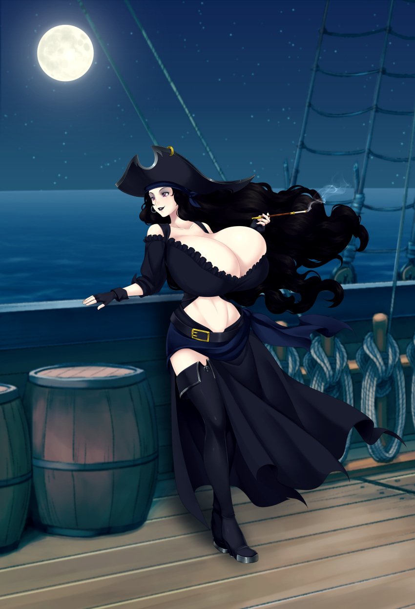 1girls beauty_mark black_hair black_lipstick cigarette_holder female fingerless_gloves huge_breasts long_hair mole_under_eye moon moonlight night pink_eyes pirate pirate_hat saburox thigh_boots