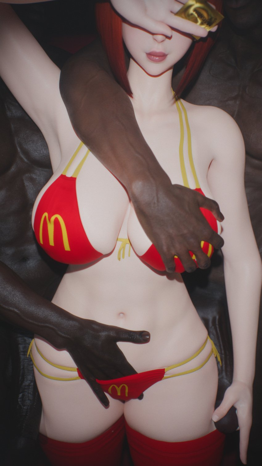 3d breast_grab dark-skinned_male dark_skin interracial mcdonald's mom_(japanese_mcdonald's_commercial) nynx yoru_mac